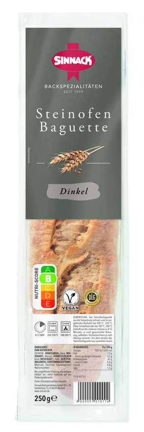 Dinkel-Steinoffenbaguette, knusprig außen und aromatisch mit einem milden Dinkelgeschmack